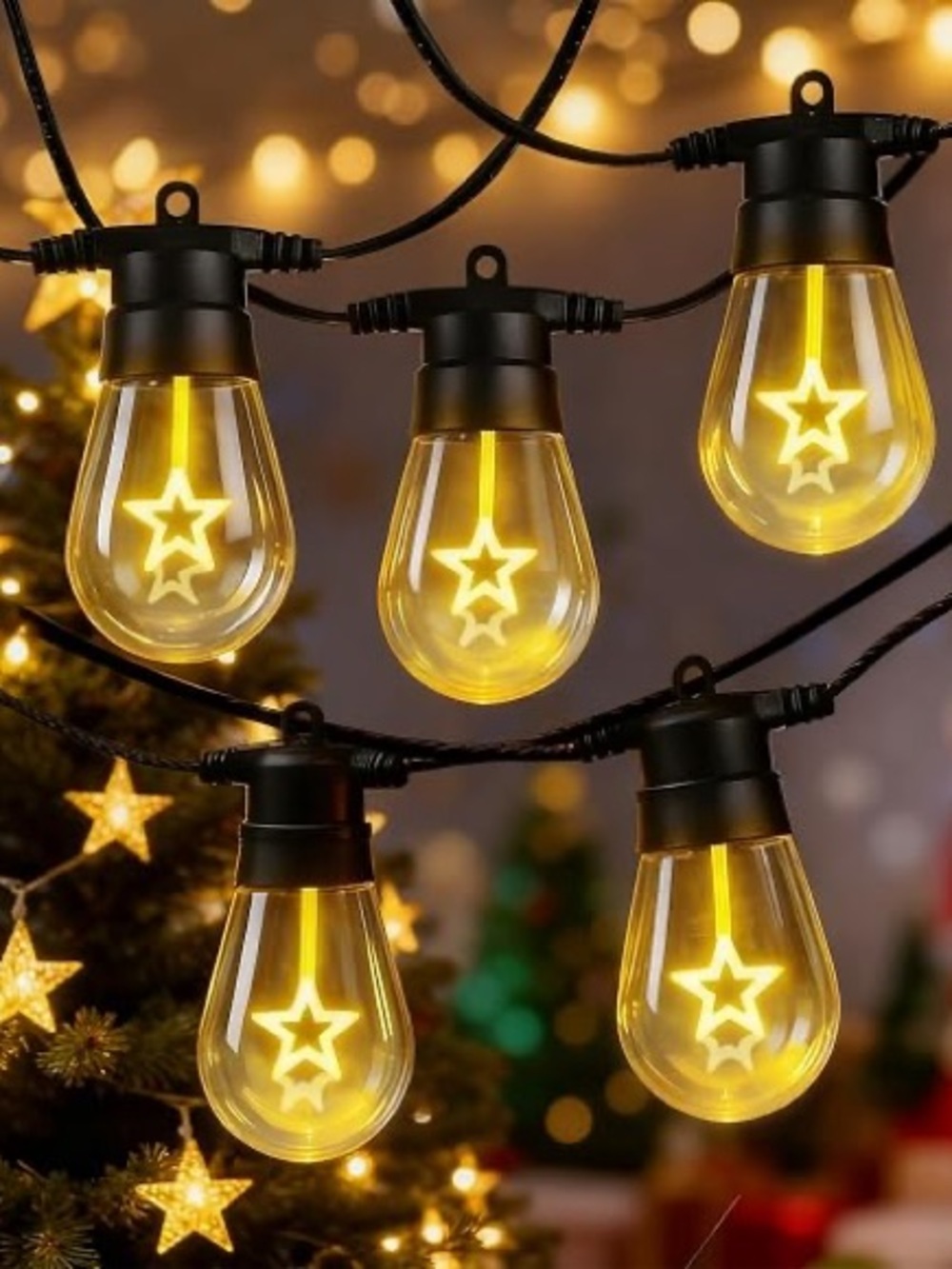 🆕 Indoor/Outdoor Star String Patio Lights - Warm Yellow Holiday Bulbs 50 Ft